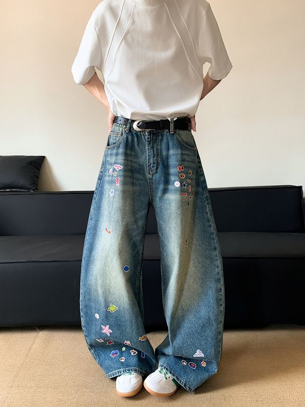 Jeans da uomo, modello dritto, con stampa di adesivi a fumetti, lavati, modello scimitarra, larghi, tridimensionali, aderenti, a gamba larga_voghion.com