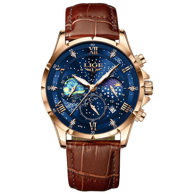 Men's Ultra-Thin Moon Phase Calendar Quartz Watch With Luminous Hands, Waterproof And Multifunctional For Daily Wear_voghion.com