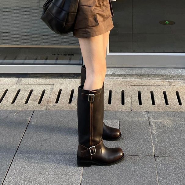 Martin Brown Square Toe 2025 Neue Ärmel Lange polierte High-Top-Stiefel für Damen_voghion.com