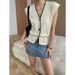 Lao Qian Commuting Sensation Color Contrasting Edge V-neck Waist Look Thin And Skinny Flying Sleeve Knitted Vest_voghion.com
