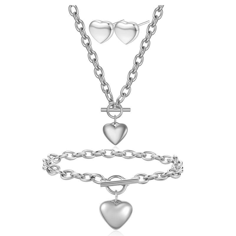Set di orecchini a bottone con collana e catena a maglie in acciaio inossidabile alla moda, con design a forma di cuore massiccio, per donna_voghion.com