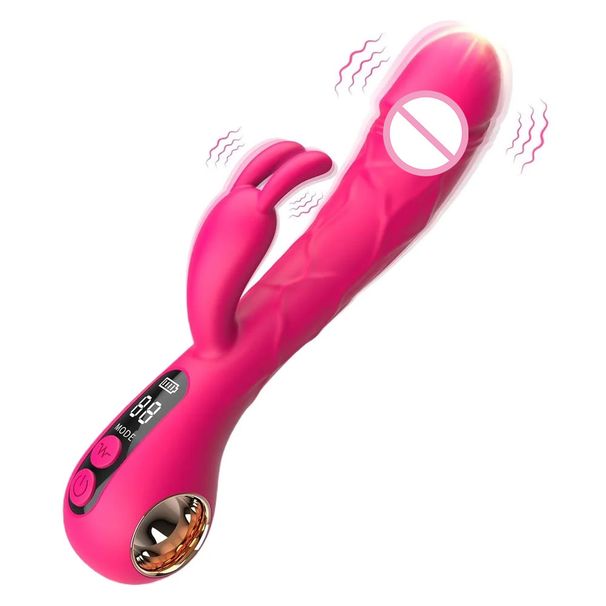 2-in-1-G-Punkt-Kaninchen-LCD-Display, vibrierender Klitorisstimulator, realistischer Dildo-Vibrator, G-Punkt-Sexspielzeug für Erwachsene für Frauen_voghion.com