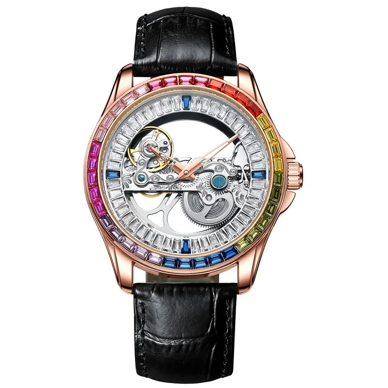 AILANG Colorful Gemstones Dial Men's es Automatic Mechanical Men  Skeleton Sport Waterproof  For Men_voghion.com