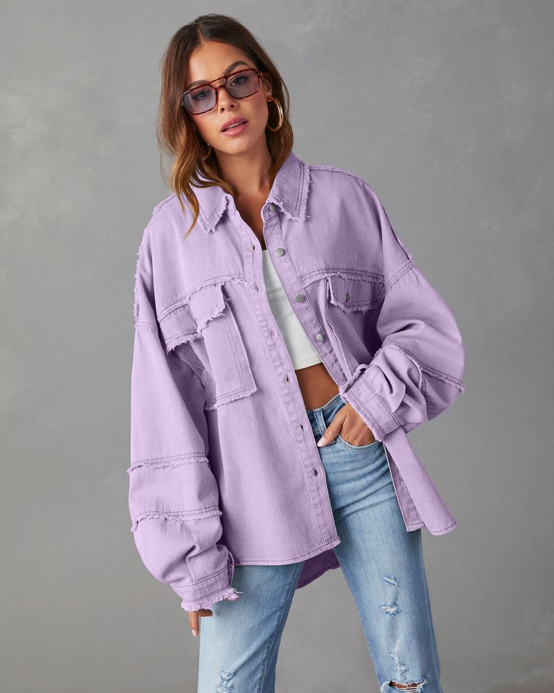 casual long-sleeved denim jacket washed solid color mid-length jacket_voghion.com