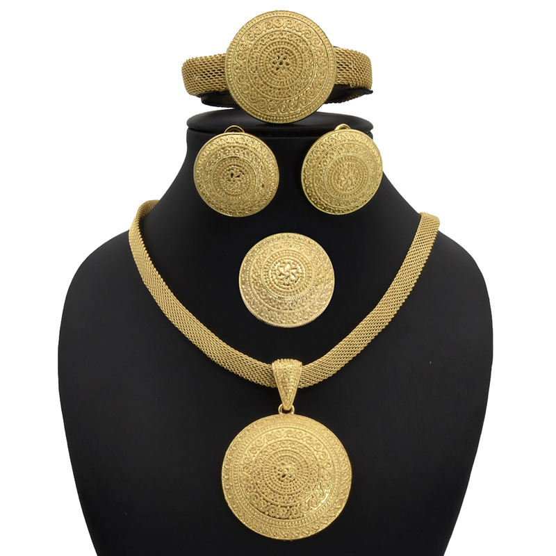 Gold Plated Jewelry Set Bride Necklace Earrings Ring Bracelet Sand Gold Accessories_voghion.com