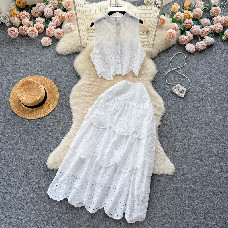 Women's Fashion Sleeveless Cutout Embroidered Shirt High Waist Slimming Peplum Skirt_voghion.com