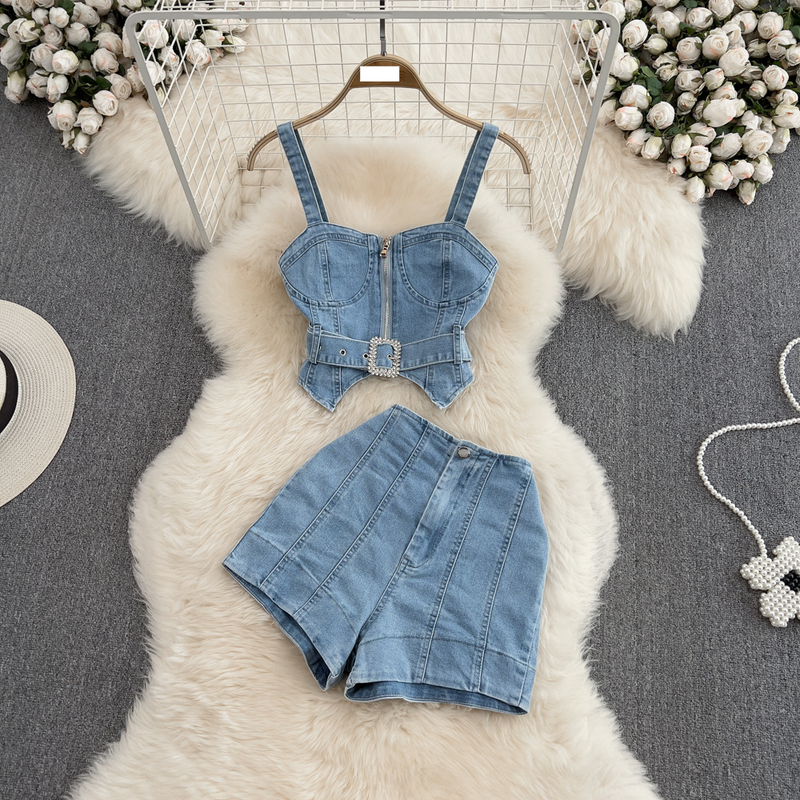 Damen Hot Girl Reißverschluss Denim Camisole Zweiteiler Jeansshorts Hohe Taille Weites Bein A-Linie Hotpants_voghion.com