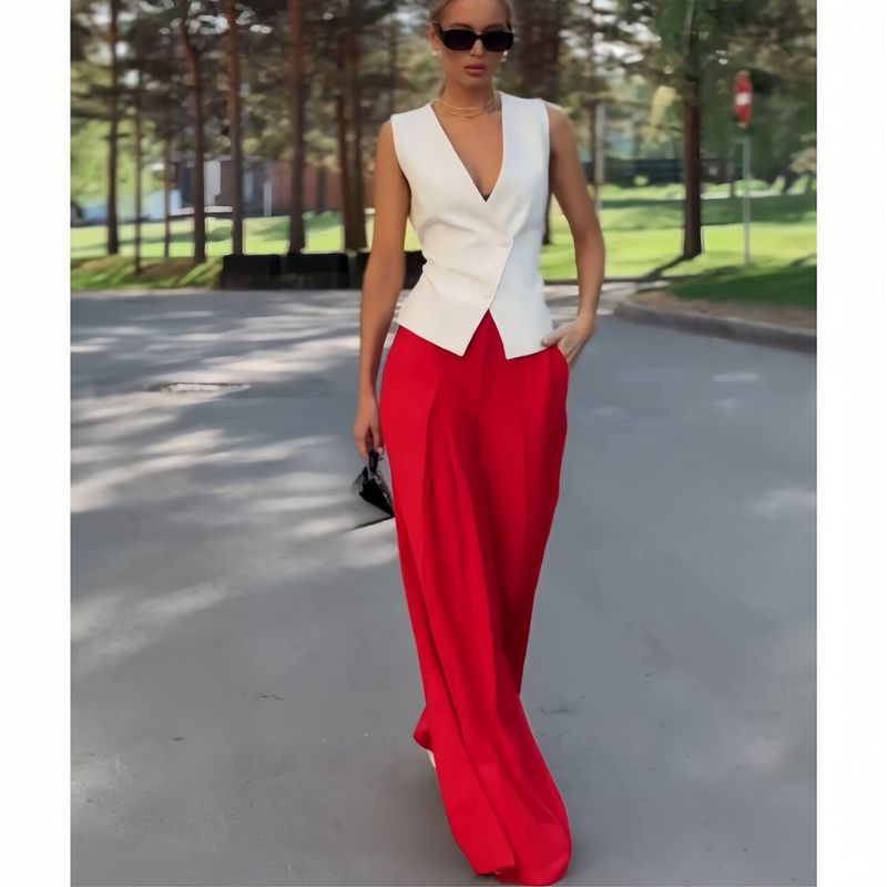 Women's Clothing New Fashion Personality Deep V Sleeveless Top High Waist Wide Leg Pants Two Piece Set_voghion.com