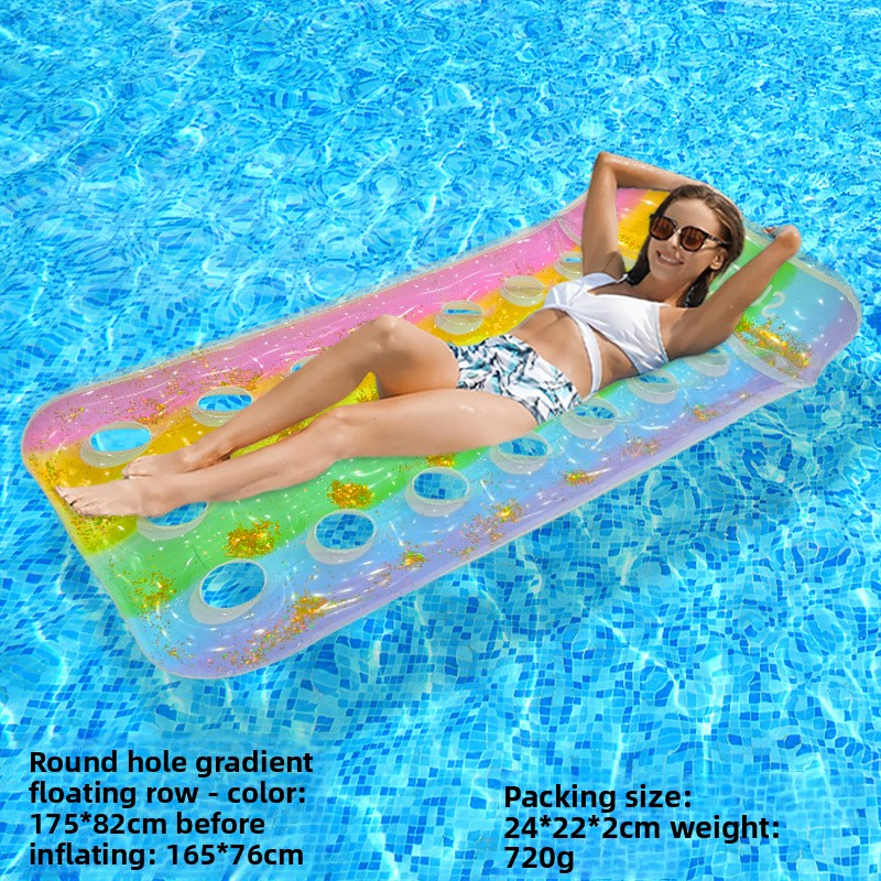 Chaise longue gonflable double dégradé arc-en-ciel – Maille pailletée et oreiller rembourré (PVC écologique 200 cm, robuste pour piscine et plage)_voghion.com