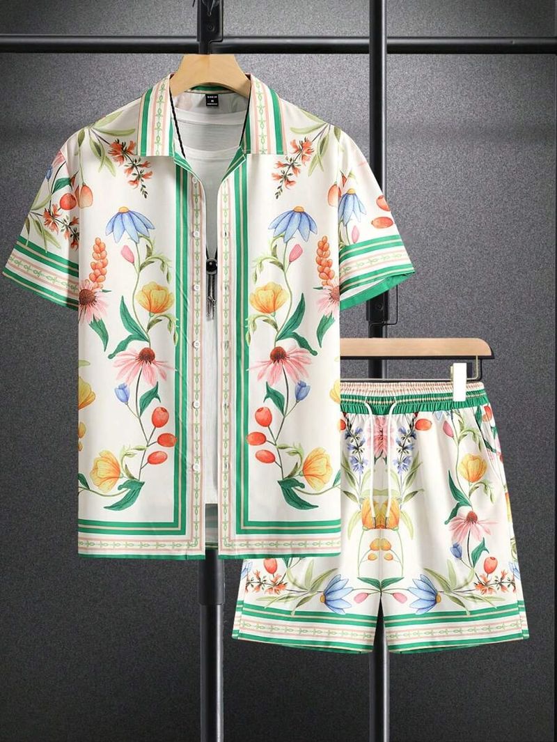 Men's Clothing Summer Shirt Shorts Suit Beach Vacation Colorful Floral Stripes 3d Digital Printing Spot_voghion.com