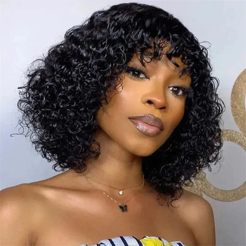 Bouncy Water Wave Bob Wig with Bangs Natural Black Comfortable Daily Use_voghion.com