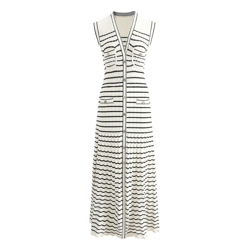 Damenbekleidung Hohles Kontrastgestreiftes ärmelloses langes Strickkleid Französisches High-End-Westenkleid_voghion.com