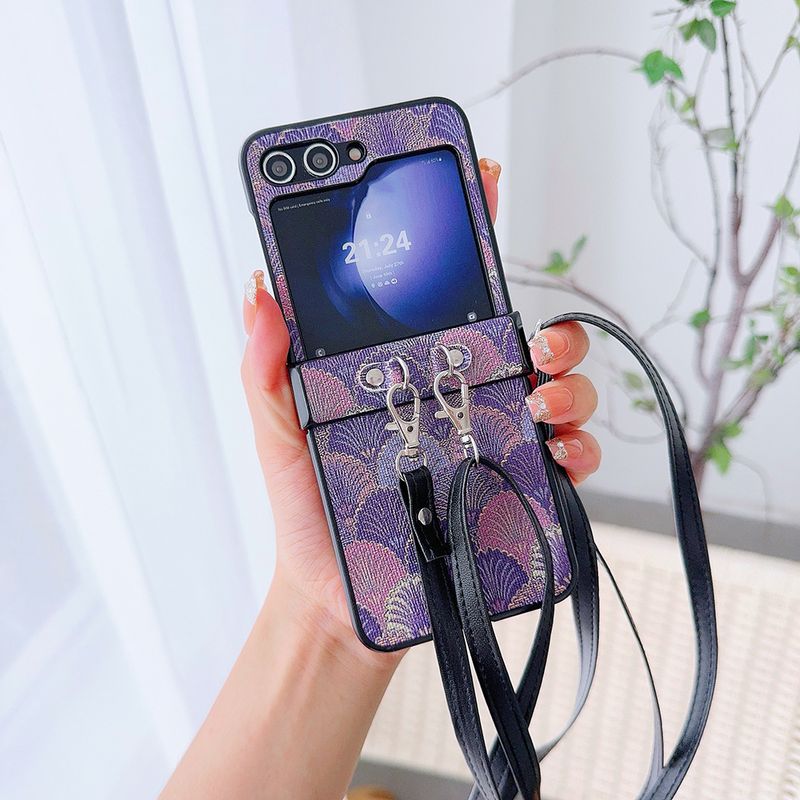 For Samsung Galaxy Z Flip 3 4 5 6 5G Cute Lady Crossbody Leather Strap Shell Phone Case Cover_voghion.com