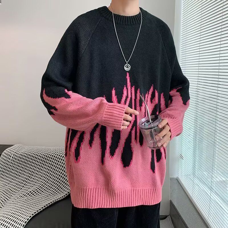 ​​Streetwear-Pullover mit Flammen-Print – Übergroßer Strickpullover mit Used-Details, Vintage-Waschung und weicher Polyestermischung für urbanes Layering (S-XXXL)​​_voghion.com
