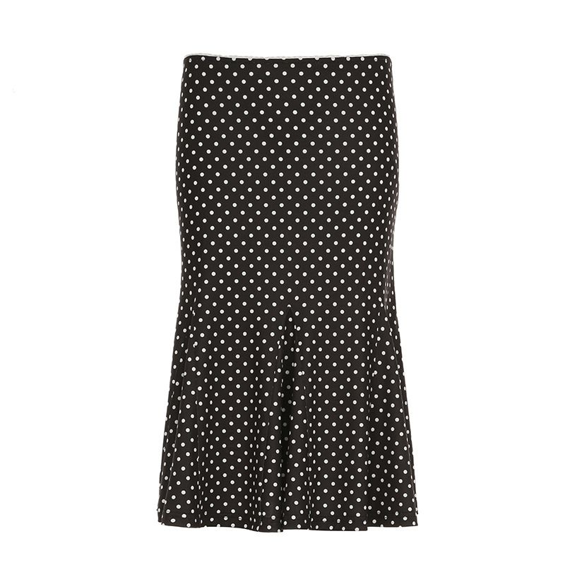 Jupe mi-longue moulante et polyvalente à pois en dentelle taille basse style sirène, tendance et sexy, à blocs de couleurs_voghion.com