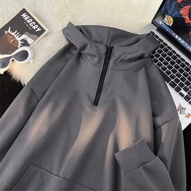 Dicker Herrenmantel mit Samt, Jugendoberteil, neuer Kapuzenpullover mit halbem Reißverschluss_voghion.com