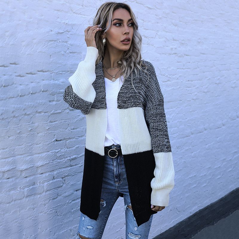 Autumn and winter long-sleeved color matching loose casual women's cardigan sweater jacket_voghion.com
