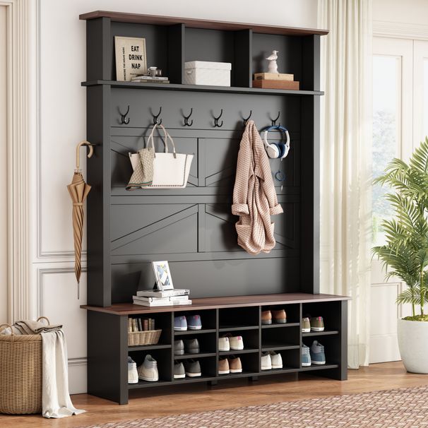 ON-TREND Farmhouse 4-in-1 Hall Tree With 6 Hooks, Practical Walnut Entryway Bench With Adjustable Shelves, Wooden Style Rustic Shoe Organizer With 16 Open Compartments For Mudroom, Living Room, Black_voghion.com