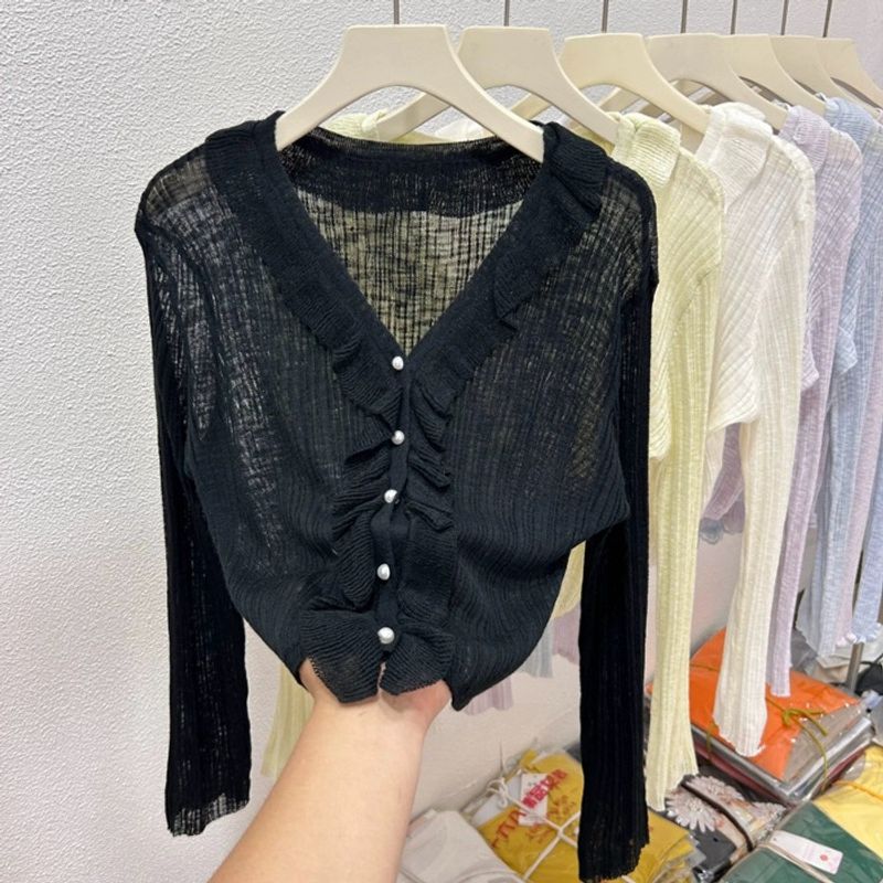 Cardigan de protection solaire en soie glacée à bord de feuille de lotus, design fin pour l'été des femmes, sensation haut de gamme, châle avec jupe à bretelles,_voghion.com