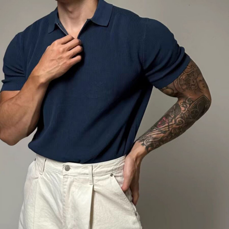 Polo de punto con media cremallera para hombre, sudadera de manga corta tres cuartos elástica ajustada con solapa y mangas ajustadas, camiseta de seda fresca_voghion.com
