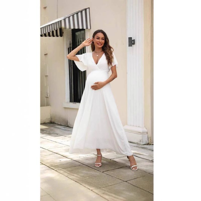 Maternity Dress Cross Border Foreign Trade Maternity Dress V Neck Short Sleeved White Maternity Dress Maternity Dress V Neck Dress_voghion.com