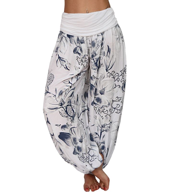 Plus Size Boho Pants, Women's Plus Floral Print Ruched Low Waist Loose Comfy Harem Pants_voghion.com