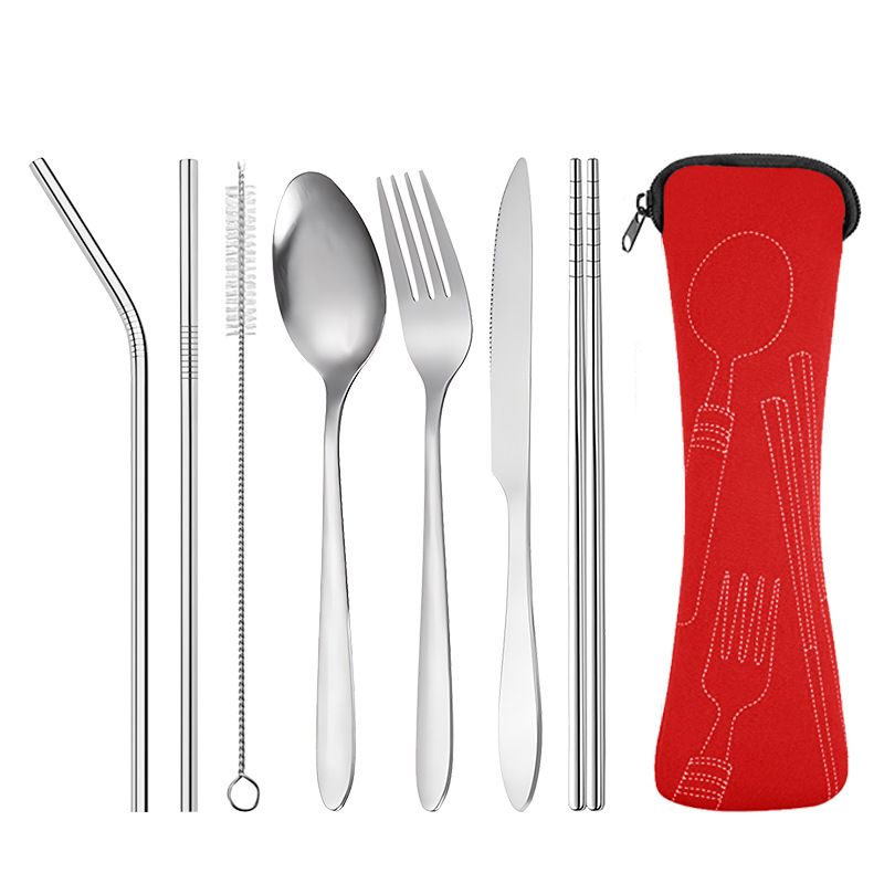 Outdoor Tableware Stainless Steel Portable Tableware Knife, Fork, Spoon, Chopsticks And Straws Seven-piece Set Tableware Storage Bag Gift Set_voghion.com