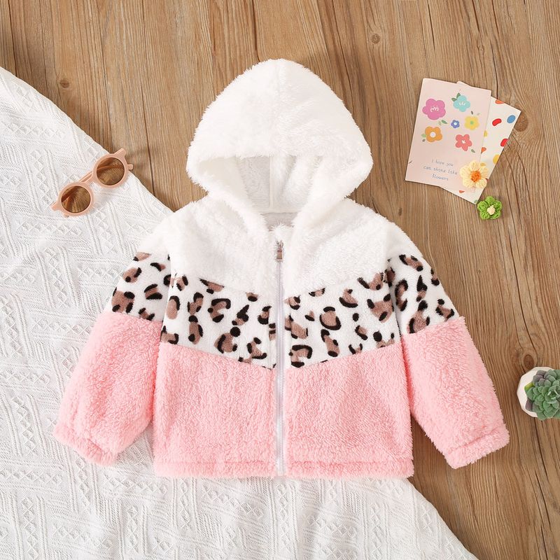 Pink Leopard Printed Hooded Plush Coat For Baby Girl Fashion Patchwork Baby Jacket_voghion.com