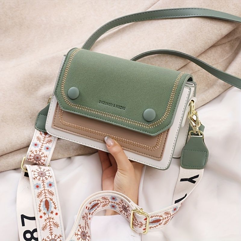 Bolso de hombro con bloques de color, elegante y cuadrado bordado, bolso cruzado para mujer con correa ancha y diseño versátil._voghion.com
