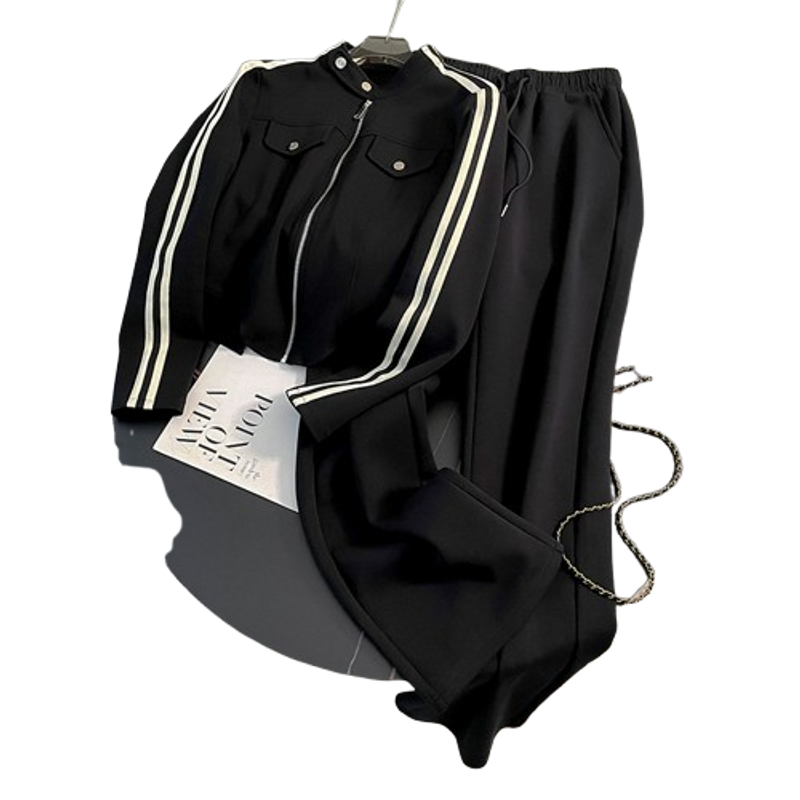 Damenbekleidung High-End-Mode Lässiger Sportanzug Temperament Gestreifte Jacke Sweatshirt Hose mit weitem Bein Zweiteiliger Anzug_voghion.com
