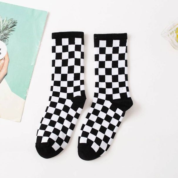 6 Pairs--Checkerboard Men's And Women's Fashion Street Brand Mid Tube Academy Style Cotton Skateboarding Socks_voghion.com