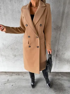 Versatile Double-Breasted Wool Blend Coat – Spring Essential Long Sleeve Women’s Trench With Functional Pockets