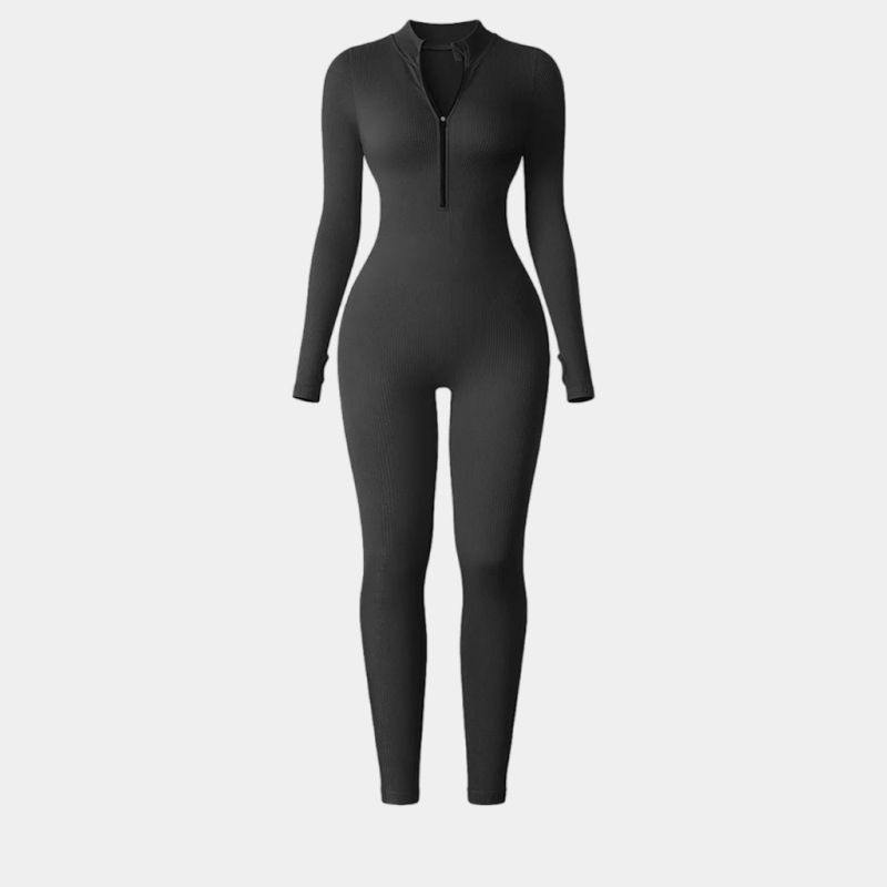 Women’s Clothing Threaded half zip jumpsuit with thumb hole long sleeve jumpsuit hip lifting body shaping pants small stand up collar jumpsuit_voghion.com