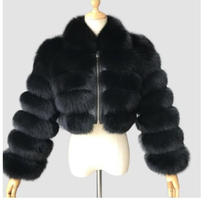 Manteau court en fausse fourrure de renard pour femme_voghion.com