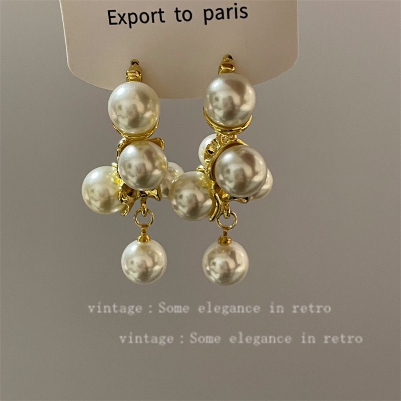 Orecchini a grappolo d'uva con perle di nicchia di moda per donna, stile mondano di alta gamma, eleganti orecchini vintage in argento francese_voghion.com