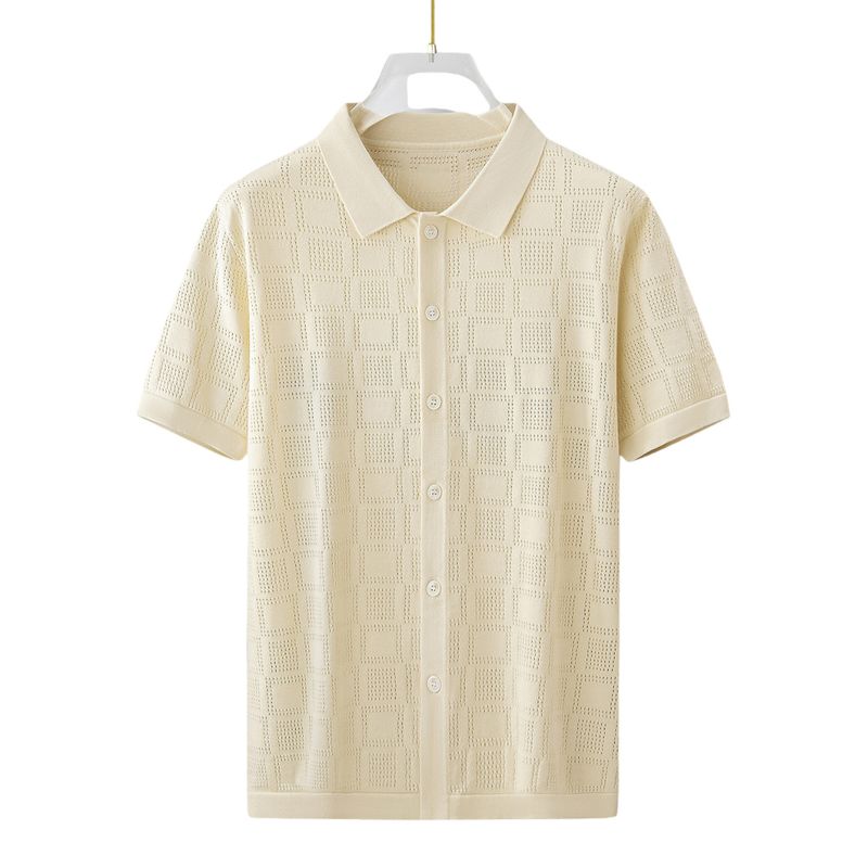 Herrenbekleidung Kurzarm-Strickhemd Lässiges Polo-Cardigan-T-Shirt mit Knopfleiste in Kontrastfarbe_voghion.com