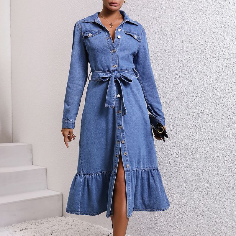 Nova cintura retro magro manga longa vestido jeans feminino_voghion.com