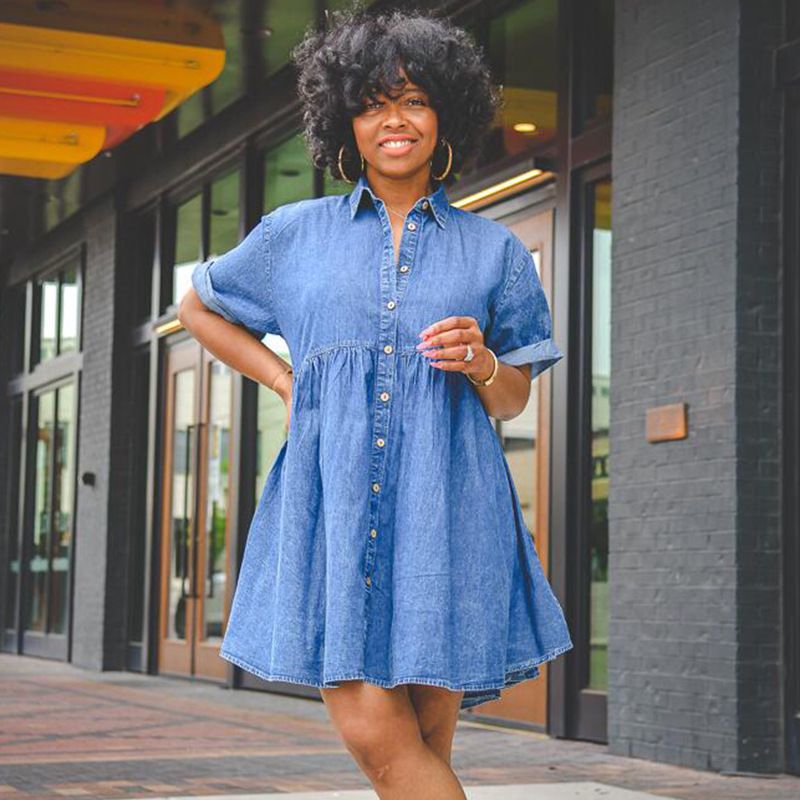 Denim Short Sleeve Slim Dress Puff Skirt_voghion.com