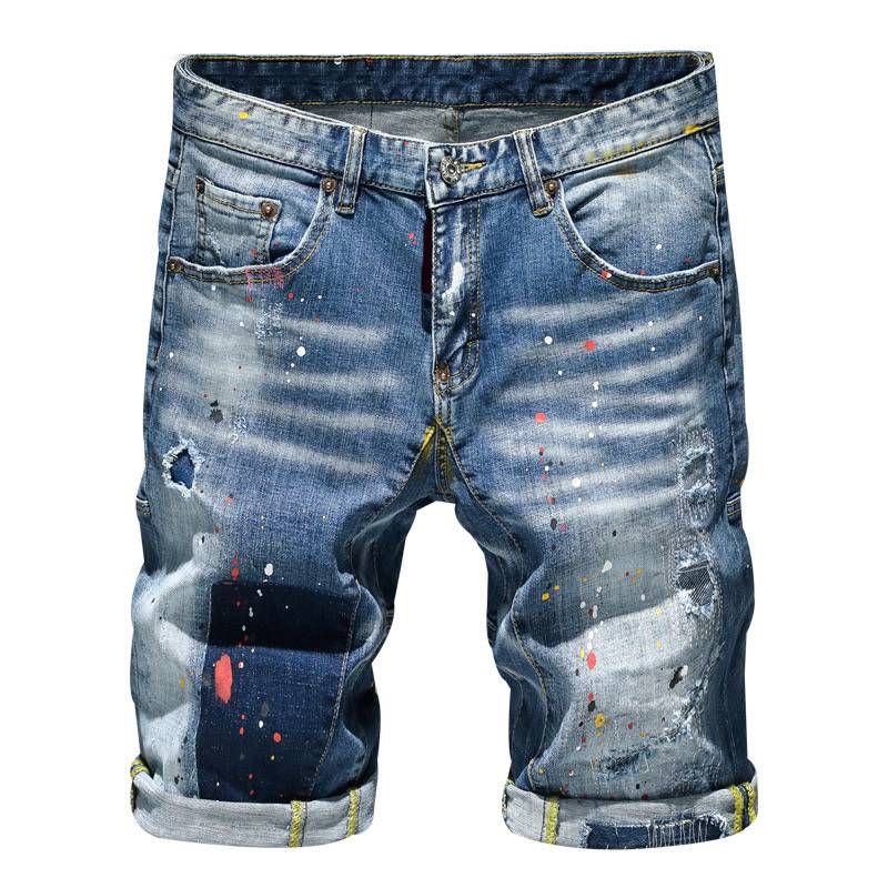 Männerkleeder Moud Summer Street Fënnef-Punkt-Hosen Déif Waasserwäsch Lächer Patch Patch Sprinkle Paint Point Jeans Männer_voghion.com