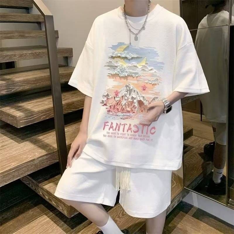 Men's Waffle Short-Sleeved T-Shirt Suit Retro Oil Painting Set Of Half-Sleeved Clothes Casual Two-Piece Suit_voghion.com