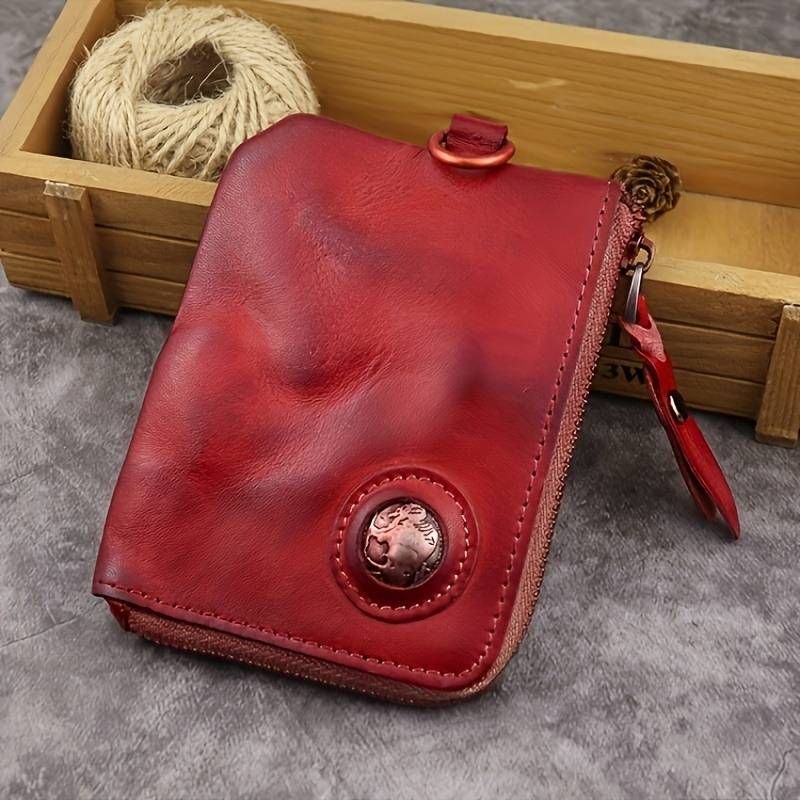 Portefeuille, cuir tanné végétal vintage, portefeuille vieilli, portefeuille à fermeture éclair, porte-clés, porte-cartes_voghion.com
