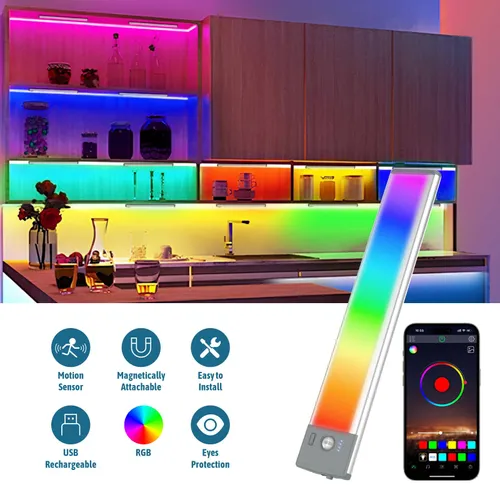 Lampa podszafkowa z czujnikiem ruchu 9,88 cala, 45 diod LED RGB APP, bezprzewodowa, ładowalna (zestaw 1 szt.)_voghion.com