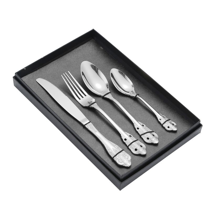 Set di posate in acciaio inossidabile Royal Style da 4 pezzi - Coltello da bistecca e forchetta con cucchiaio con decoro vintage dorato - Posate di lusso per ristoranti e hotel_voghion.com