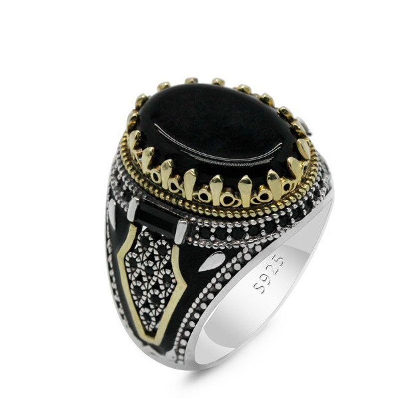 Silver Plated Oval Cut Created Black Spinel Cocktail Party Halo Statement Ring Anniversary Eternity Band For Men_voghion.com