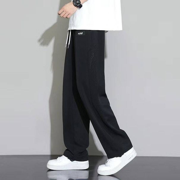 Pantalon d'été en maille de soie glacée pour homme, fin, respirant, ample, jambes larges, drapé, style sportif d'été, style patchwork décontracté_voghion.com