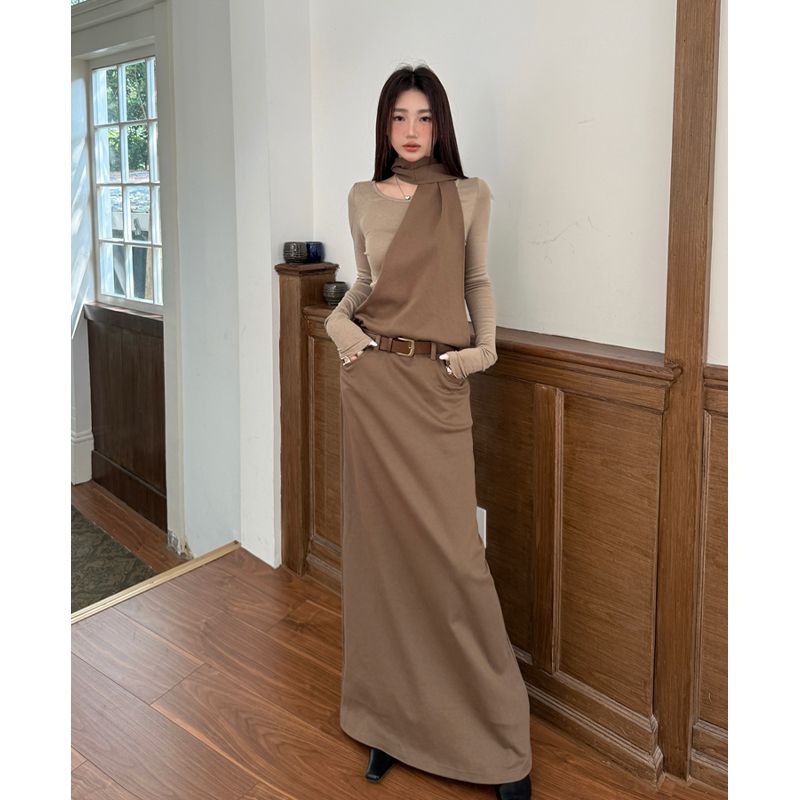 American Sweet Cool Design Autumn Winter Wasteland Style Inner Layer Two-Piece Sleeve Halter Waist-Cinching Long_voghion.com