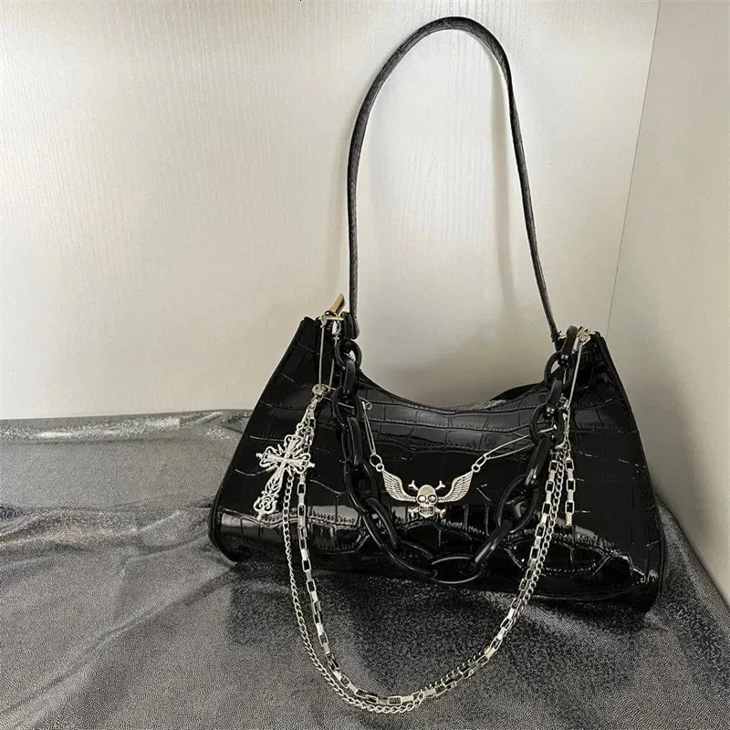 Gothic Black Punk Armpit Bag With Skull Shoulder Y2k Chain Pattern Cross Body Korean Pop Aesthetic 250408l_voghion.com
