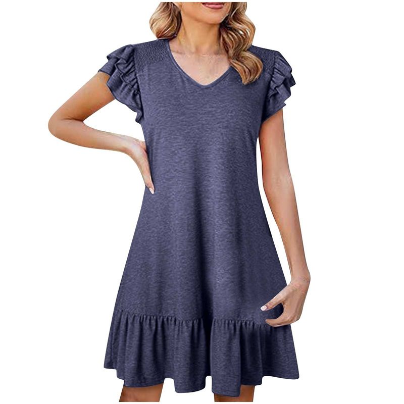 Abito casual estivo 2025 con scollo a V e maniche a volant in tinta unita_voghion.com