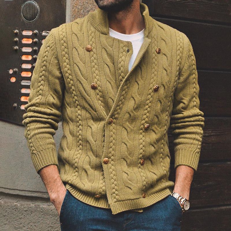 Men's sweater Solid color half turtleneck double breasted knit sweater coat new autumn and winter cardigan men's wear_voghion.com