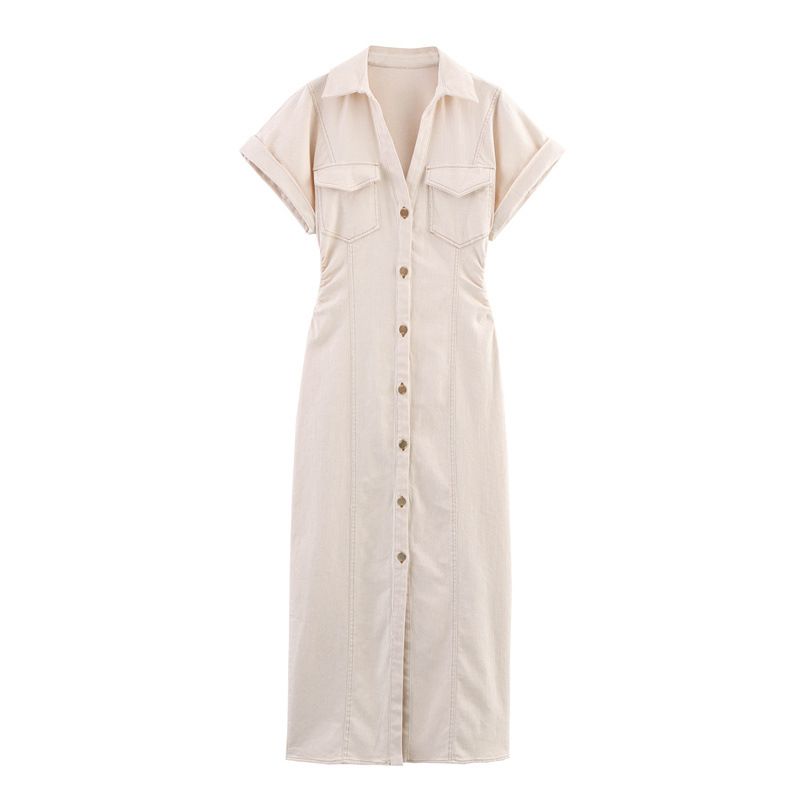 Vestido vaquero ajustado de botonadura sencilla con temperamento de moda para mujer_voghion.com